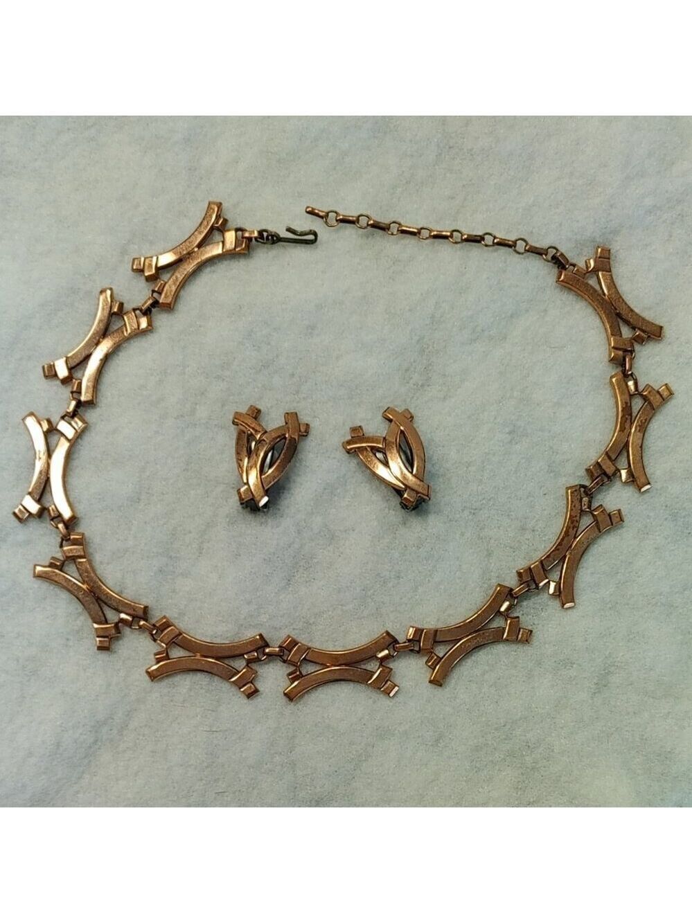 Vintage 1950s Renoir Matisse Signed Copper Necklace & Clip-On Earrings Set